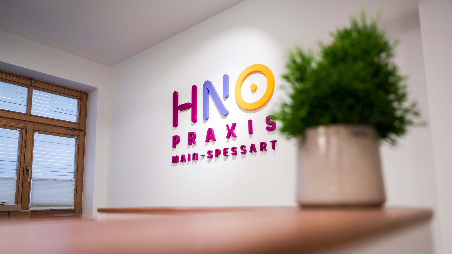 Scharfe Nahaufnahme 3D- HNO Praxis Logo an der Wand, Vordergrund mit einer grünen Topfpflanze auf der Theke ist verschwommen